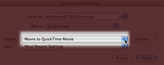Screenshot of QuickTime Export Dialog highlighting Export Menu