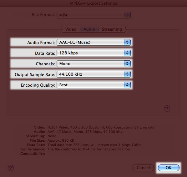 Screenshot of QuickTime MPEG-4 Audio Settings